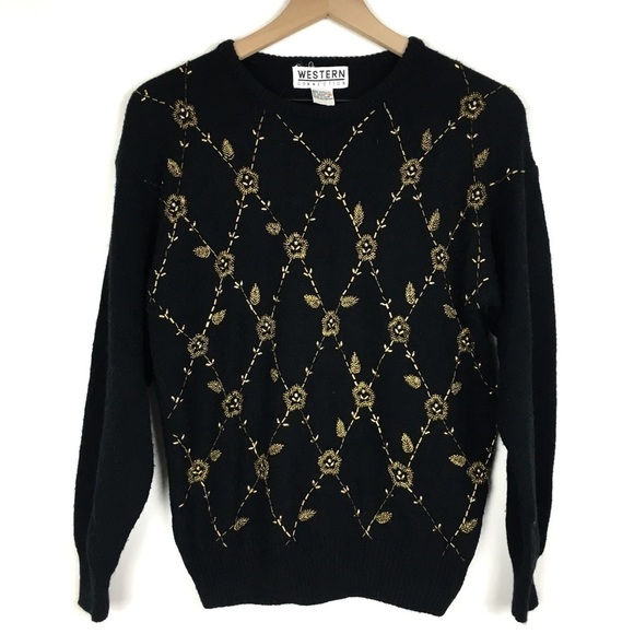 VINTAGE Sweater Beaded Floral Flowers Roses Western Connection Retro 80s Small - Picture 1 of 9